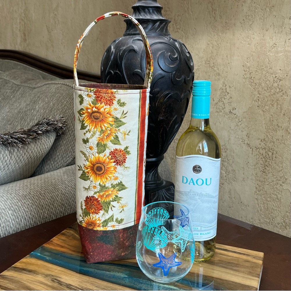 Fall harvest sunflowers wine tote housewarming gift handmade tote wine gift bag